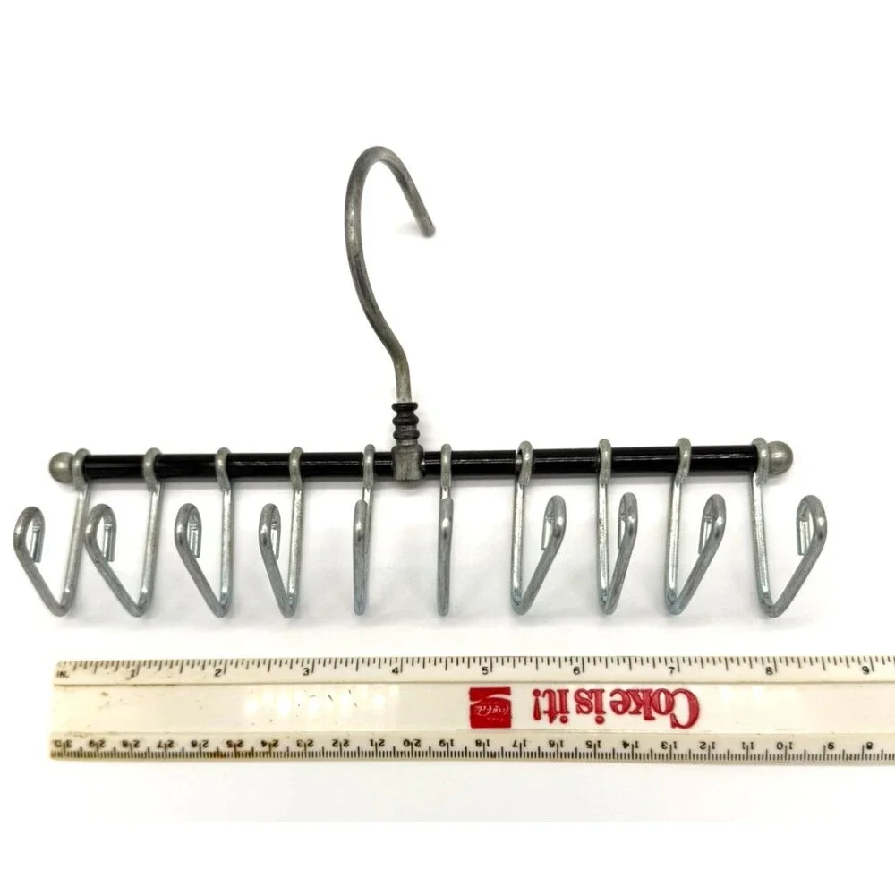 Vintage Tie & Belt Hanger - 10 Hook Metal Closet Organizer - Black & Chrome